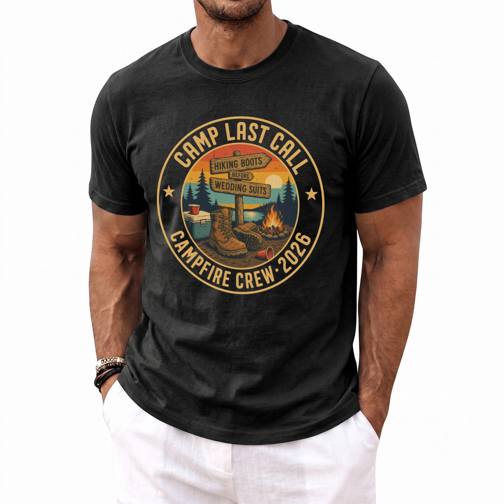 A man wearing a black t-shirt printed with a circular camp last call graphic.
