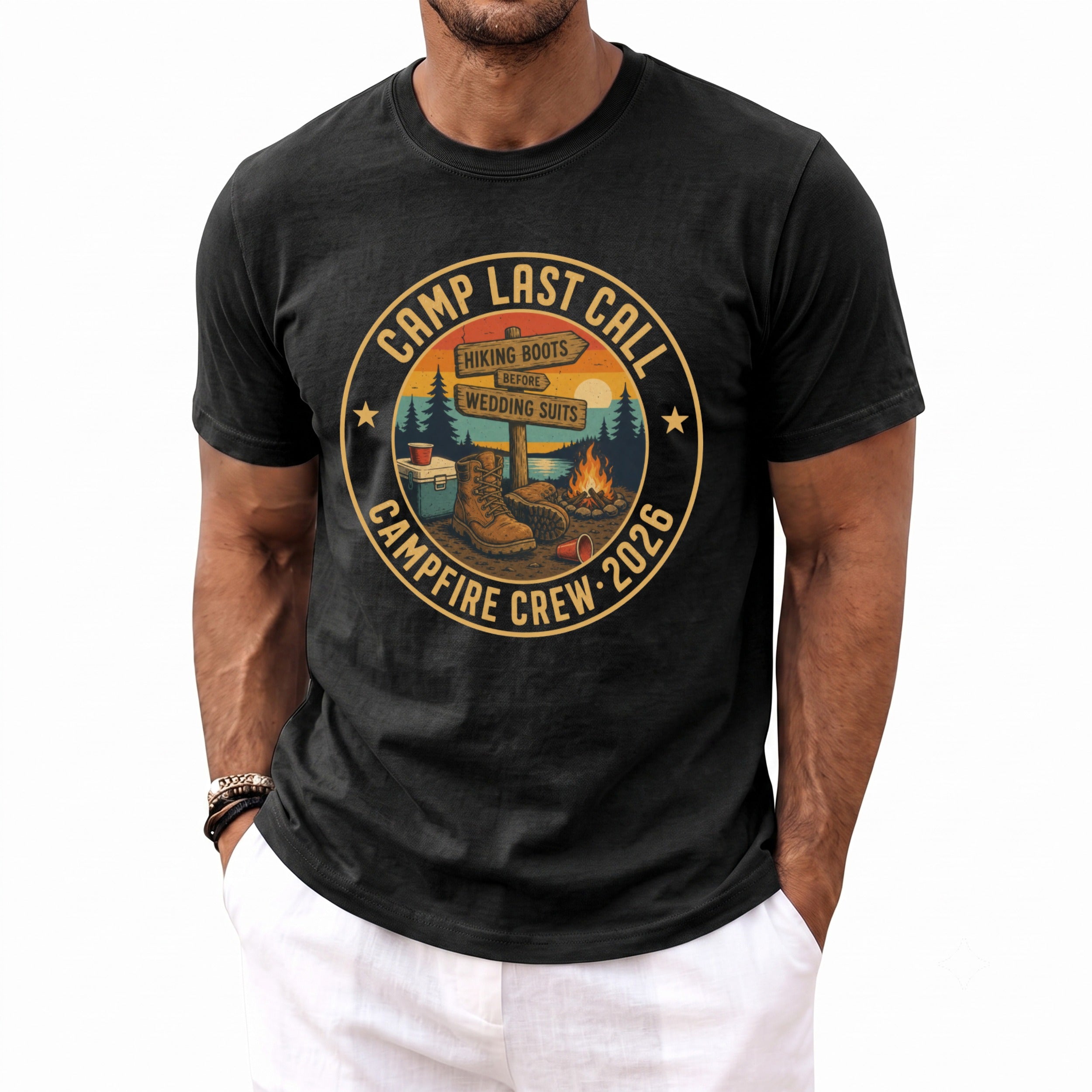 A man wearing a black t-shirt printed with a circular camp last call graphic.