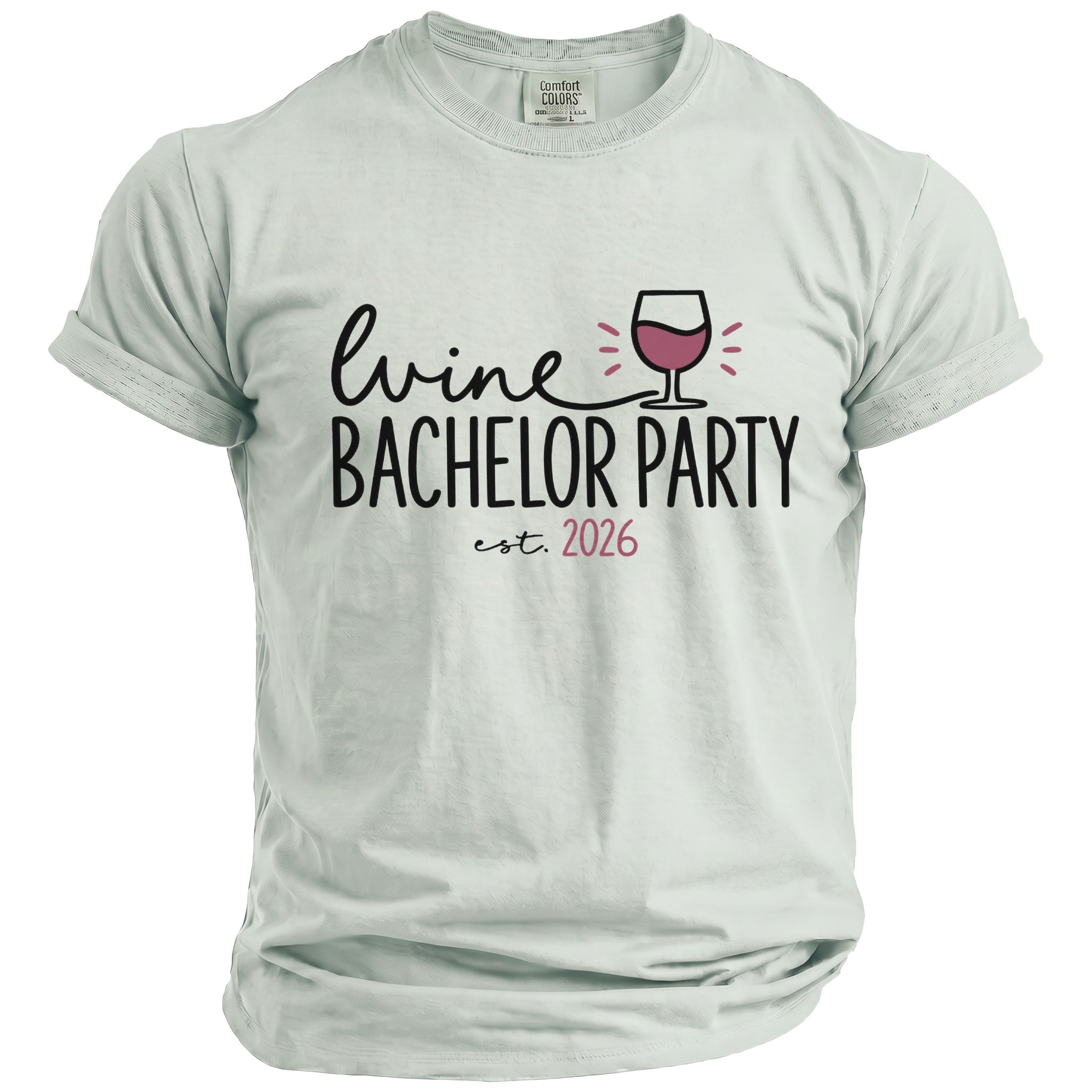 T-shirt with "wine bachelor party est. 2026" text and wine glass graphic.