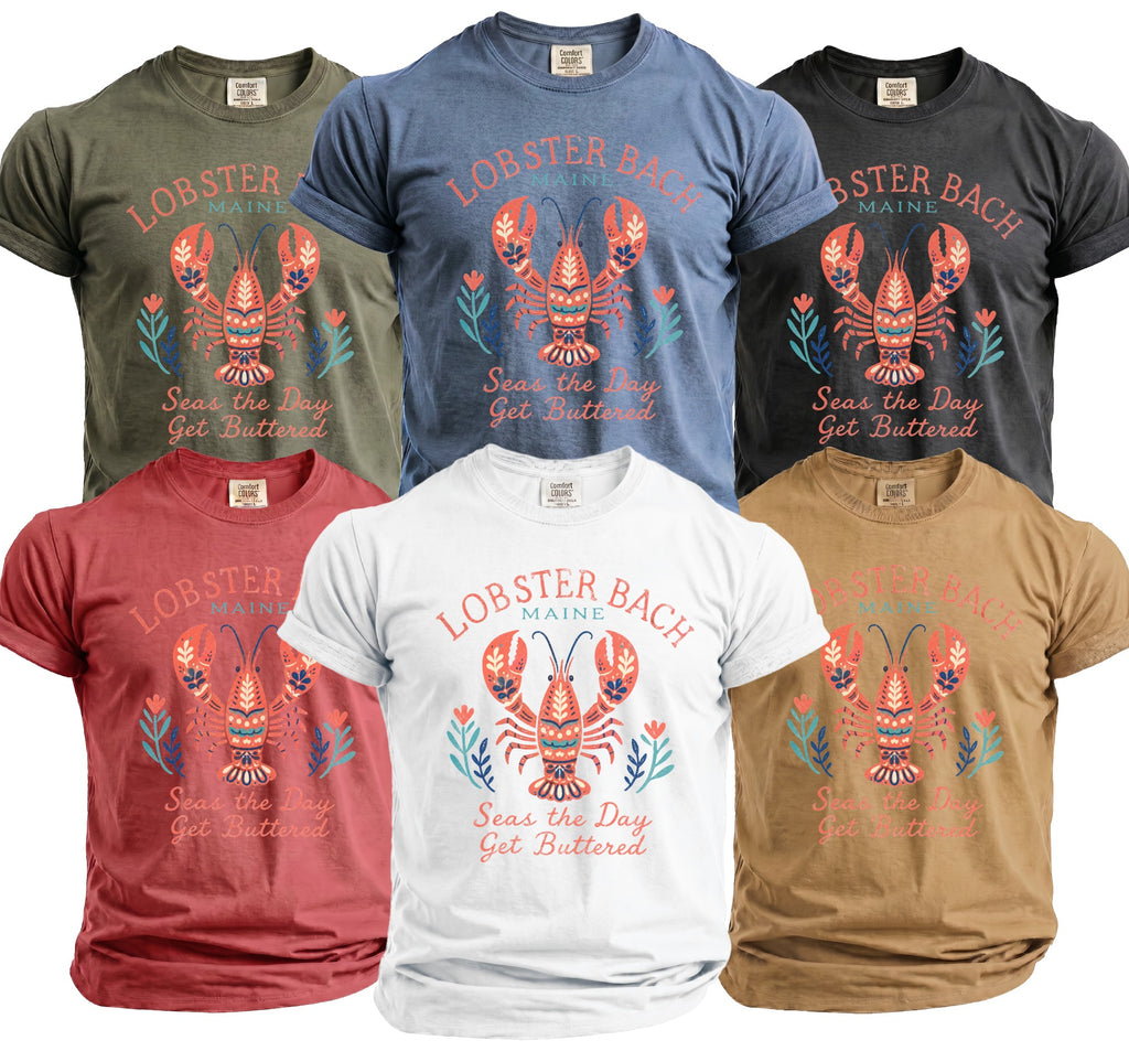 Six t-shirts in different colors featuring a lobster graphic and "Lobster Bach" text.