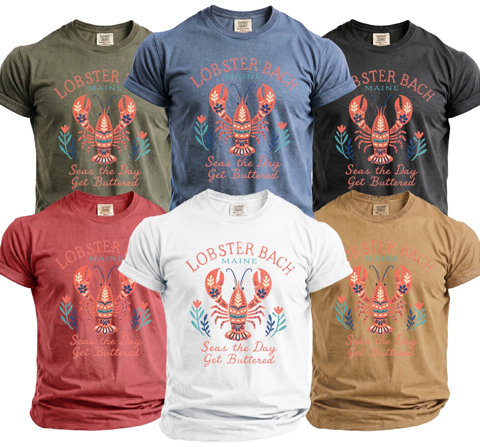 Six t-shirts in different colors featuring a lobster graphic and "Lobster Bach" text.