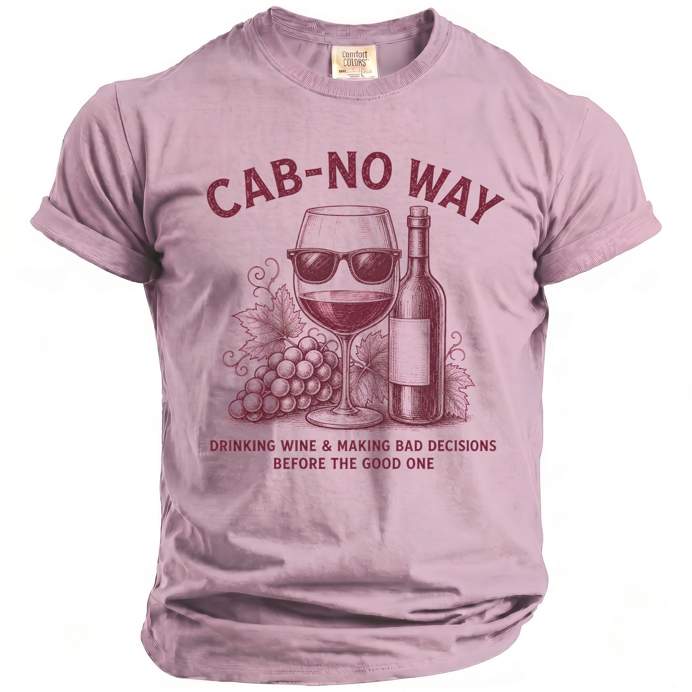 Pink t-shirt with "CAB-NO WAY" text, sunglasses-wearing wine glass, grapes, and bottle.