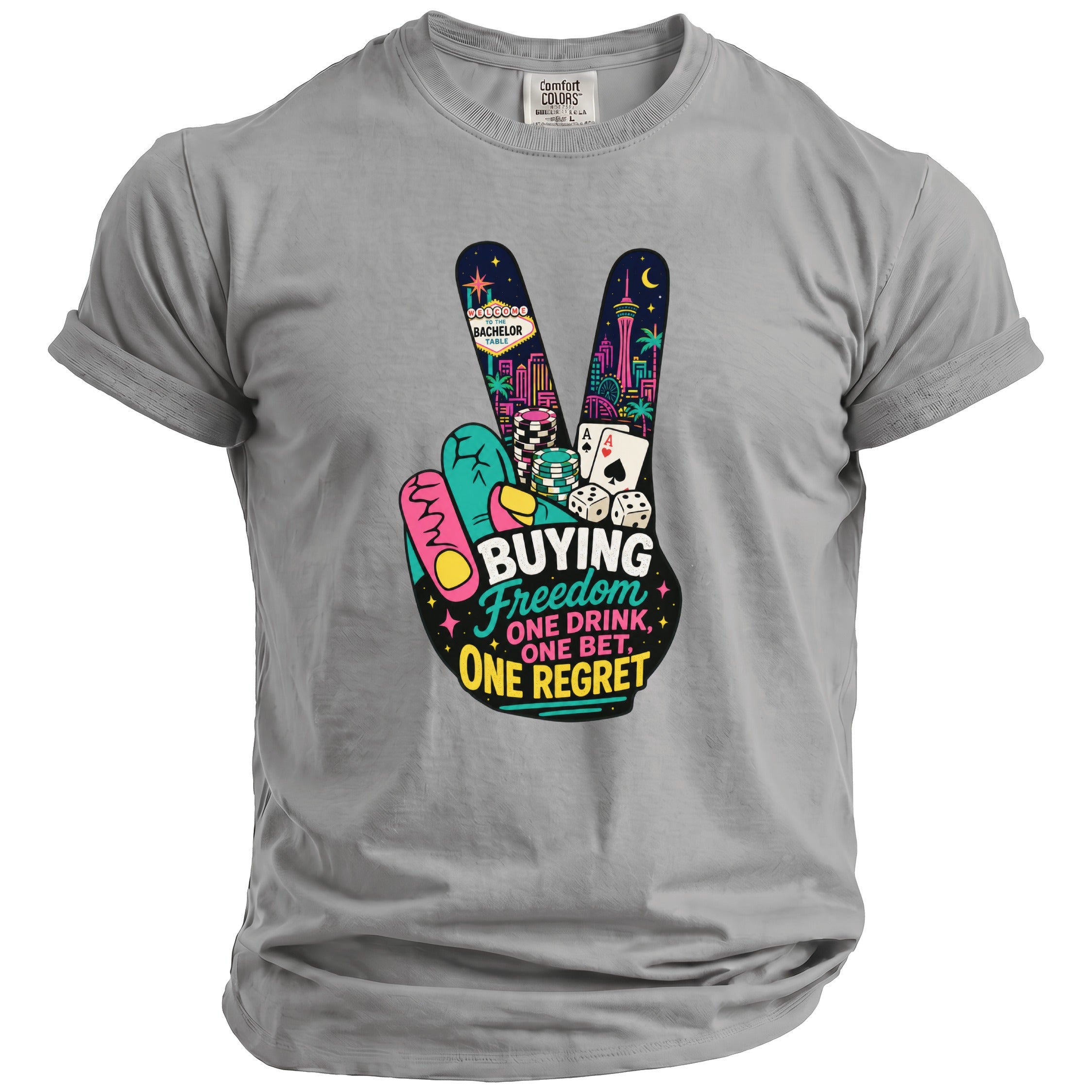 Gray t-shirt with a peace sign graphic featuring Las Vegas icons and text.