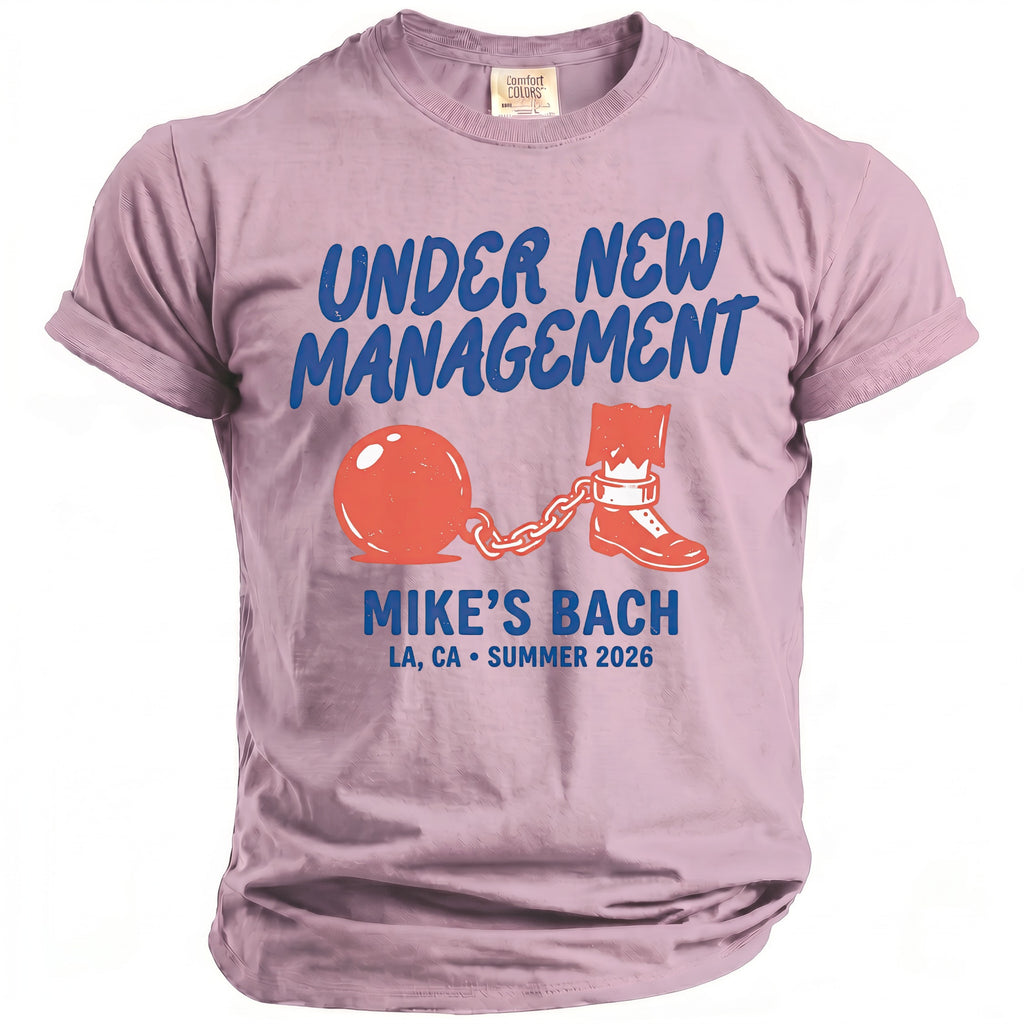 T-shirt with "Under New Management Mike's Bach LA, CA Summer 2026" text and graphic.