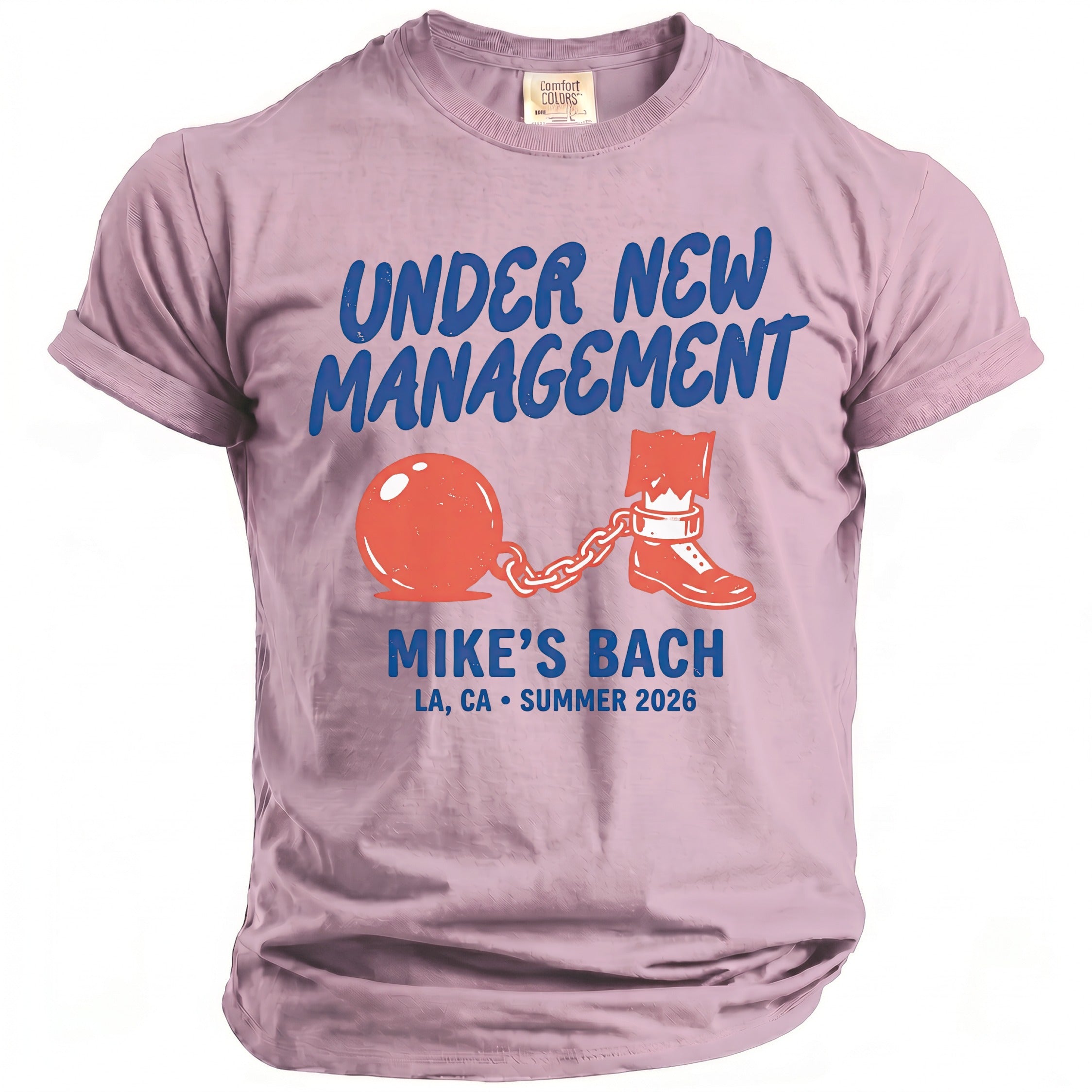 T-shirt with "Under New Management Mike's Bach LA, CA Summer 2026" text and graphic.