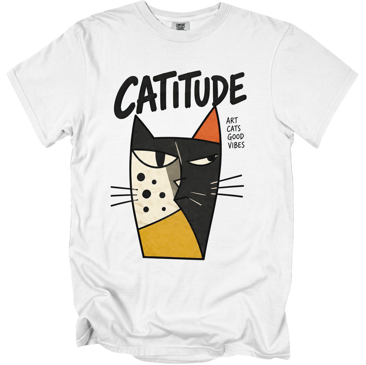 White t-shirt with black text "CATITUDE" and abstract cat art.