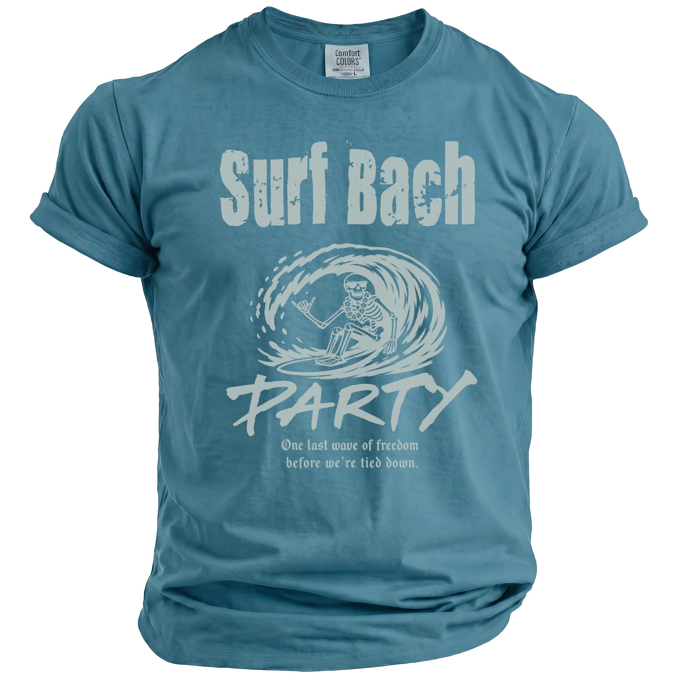 Blue t-shirt with "Surf Bach PARTY" text and skeleton surfing graphic.