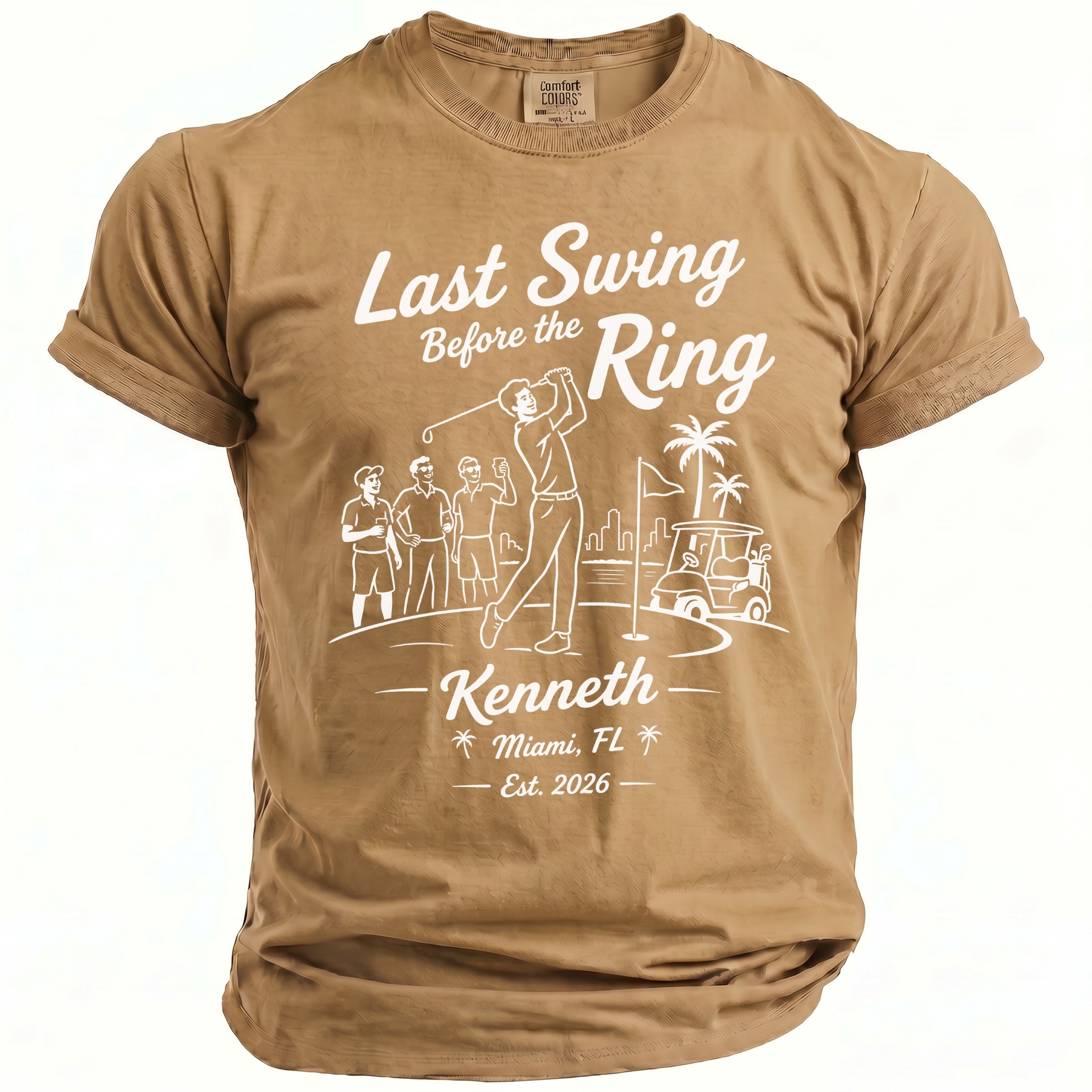 T-shirt with "Last Swing Before the Ring" text, golf scene, and "Kenneth Miami, FL Est. 2026".