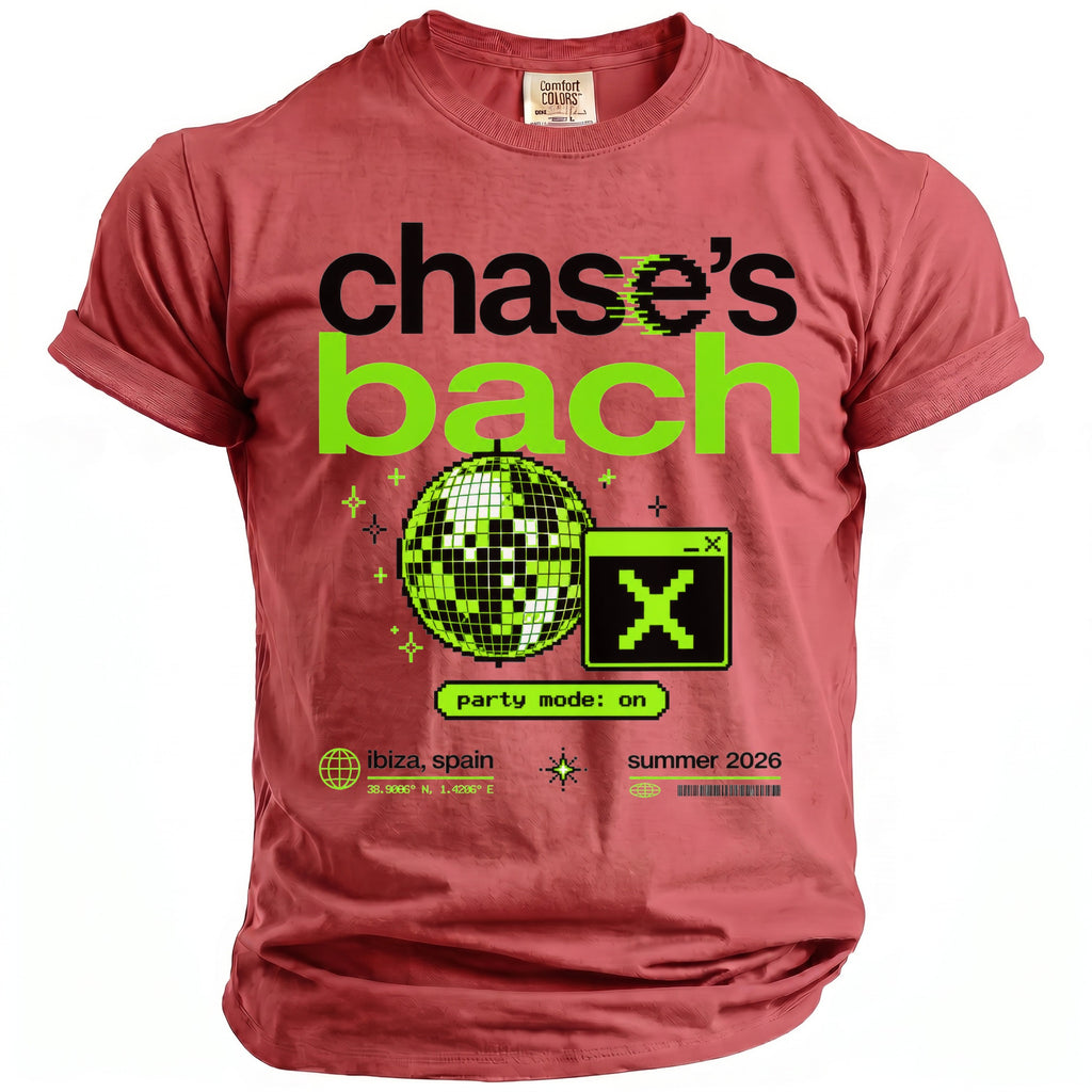 Red t-shirt with pixelated disco ball, window icon, and "chase's bach" text.