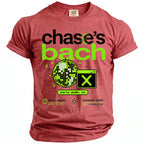 Red t-shirt with pixelated disco ball, window icon, and "chase's bach" text.