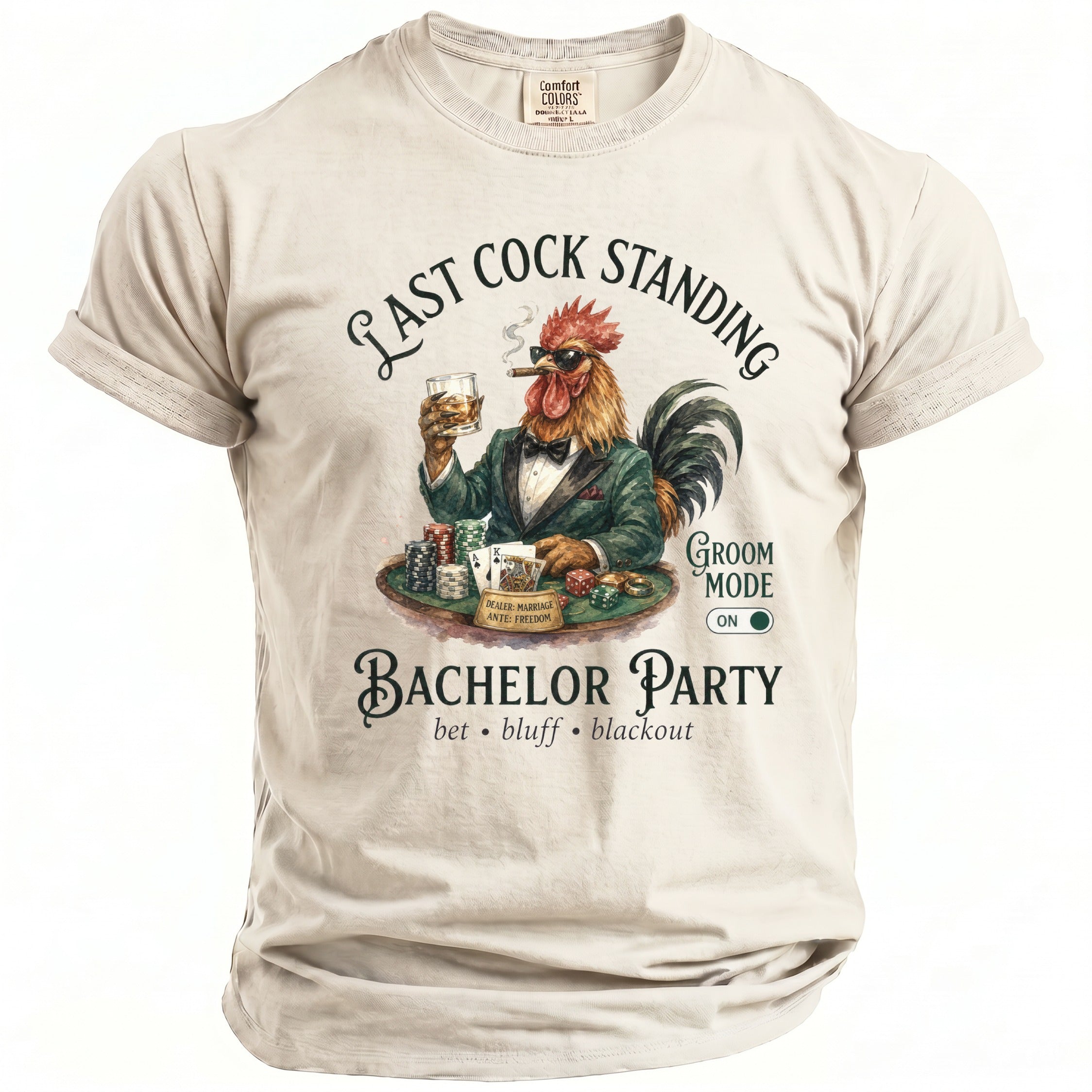 T-shirt graphic of a rooster playing poker with text "Last Cock Standing" and "Bachelor Party".