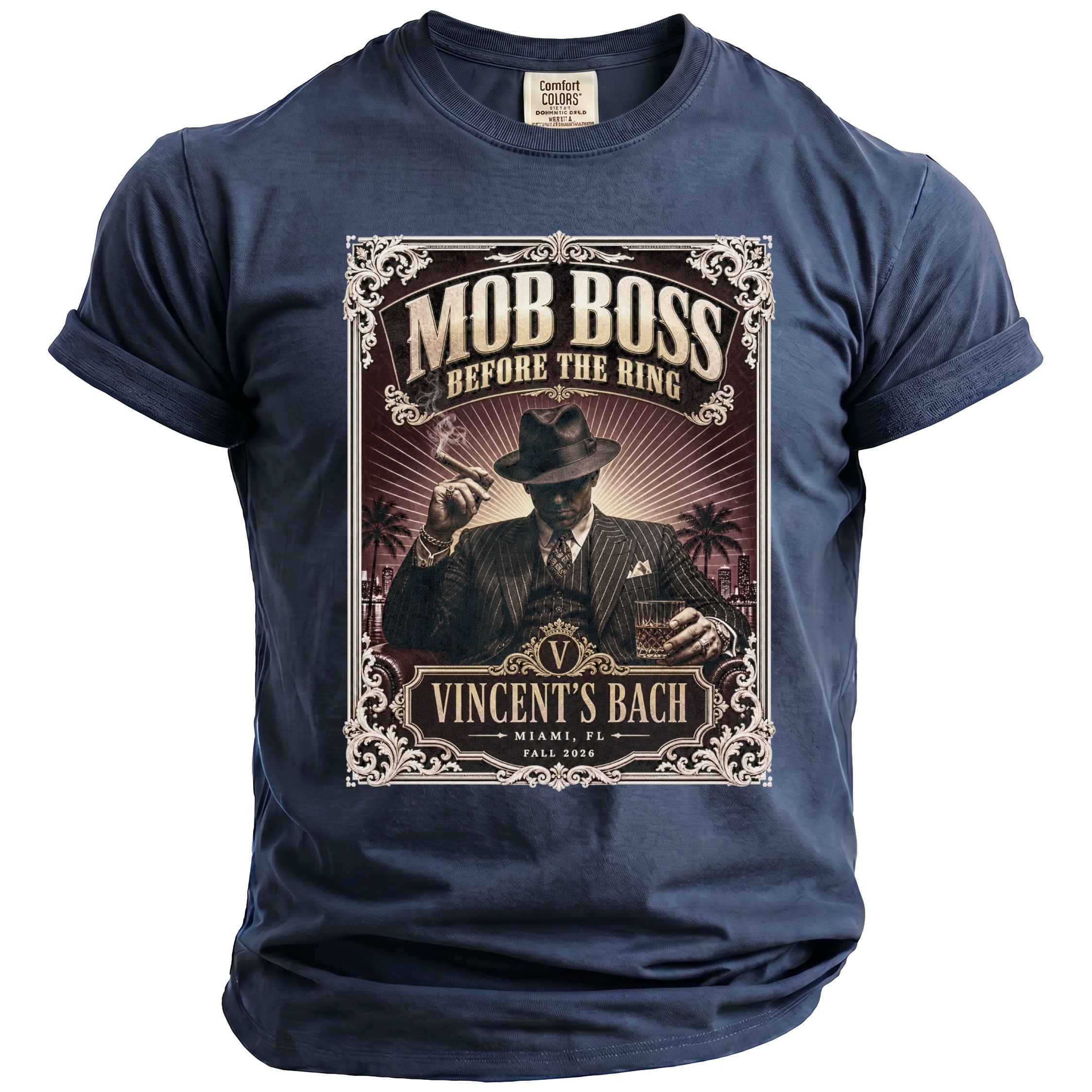 T-shirt with "Mob Boss Before the Ring Vincent's Bach" graphic.