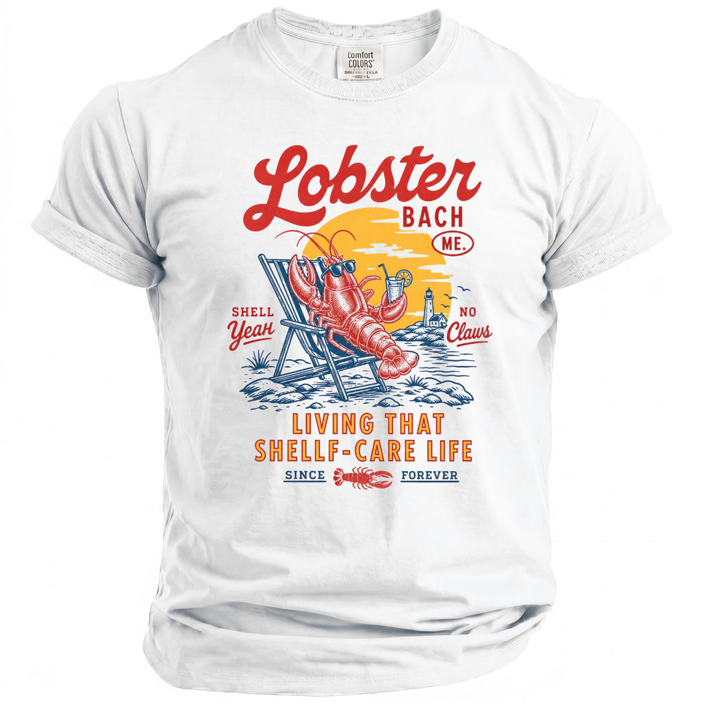 Lobster Bach ME graphic on white t-shirt with lobster lounging.