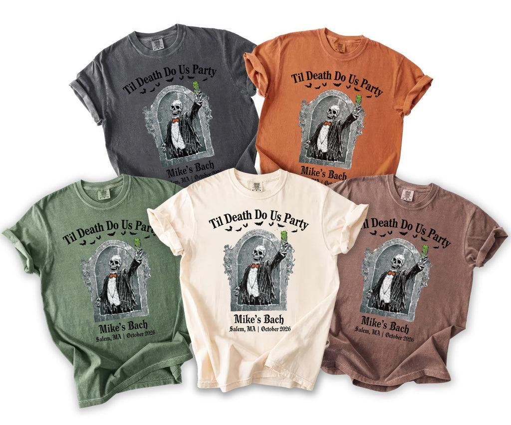 T-shirts with skeleton graphic and text "Til Death Do Us Party": Mike's Bach Salem, MA October 2026.