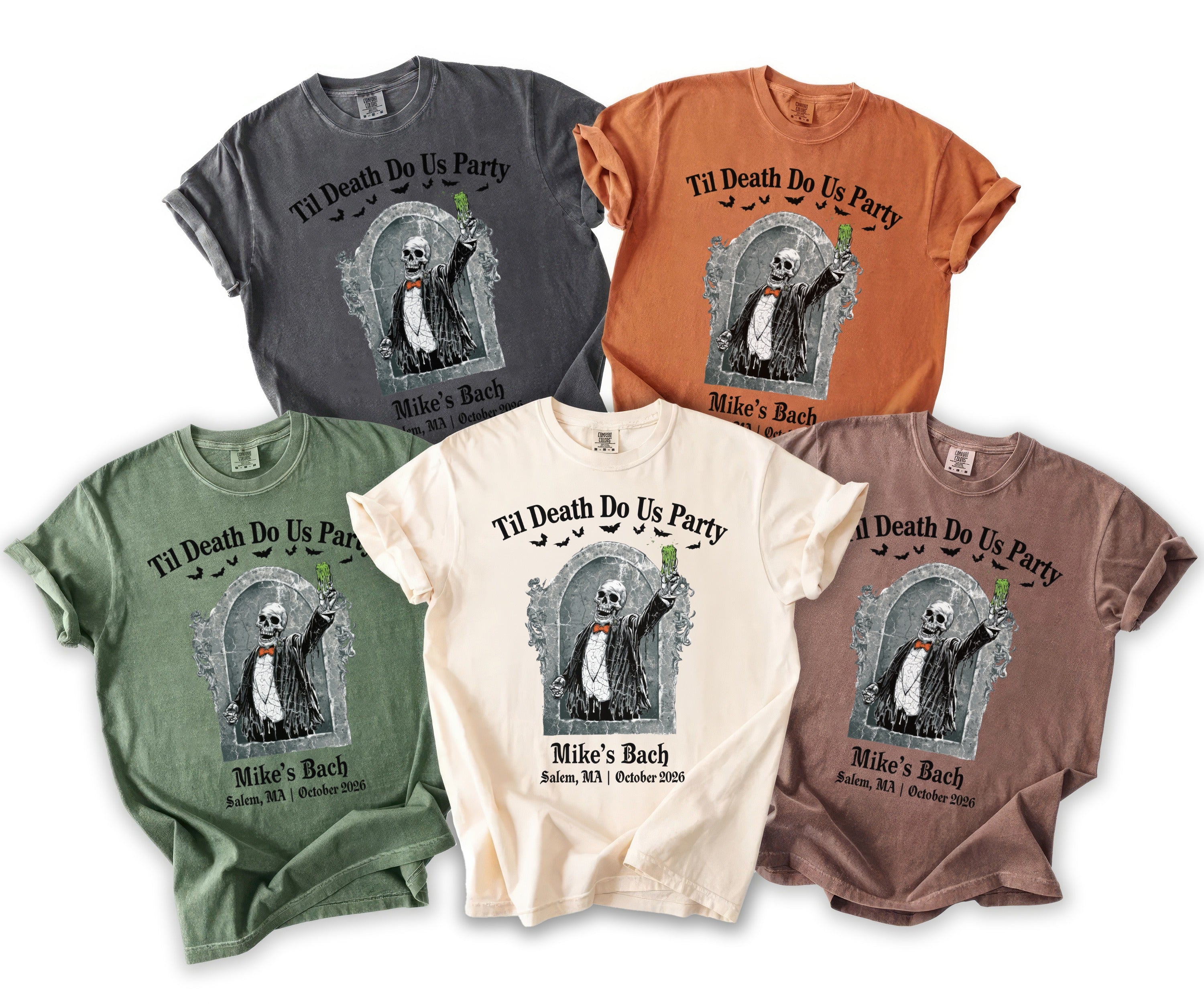 T-shirts with skeleton graphic and text "Til Death Do Us Party": Mike's Bach Salem, MA October 2026.