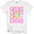 White t-shirt with pink text "CREATE" and a drawing of a painter's palette with brushes.