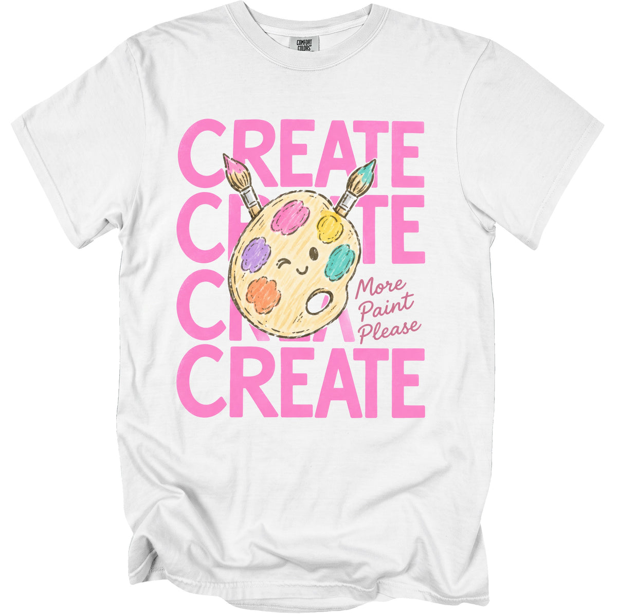 White t-shirt with pink text "CREATE" and a drawing of a painter's palette with brushes.