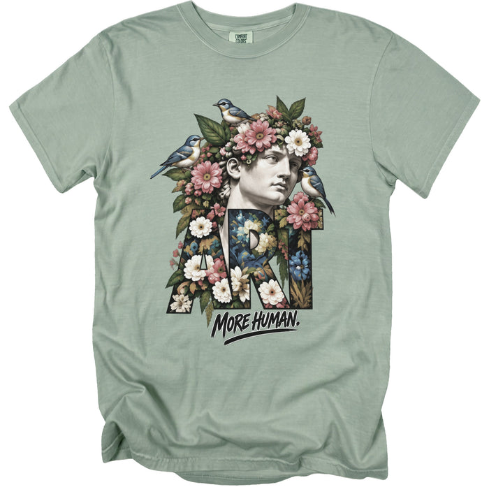 T-shirt graphic features a classical bust with flowers and birds, text "ART MORE HUMAN".