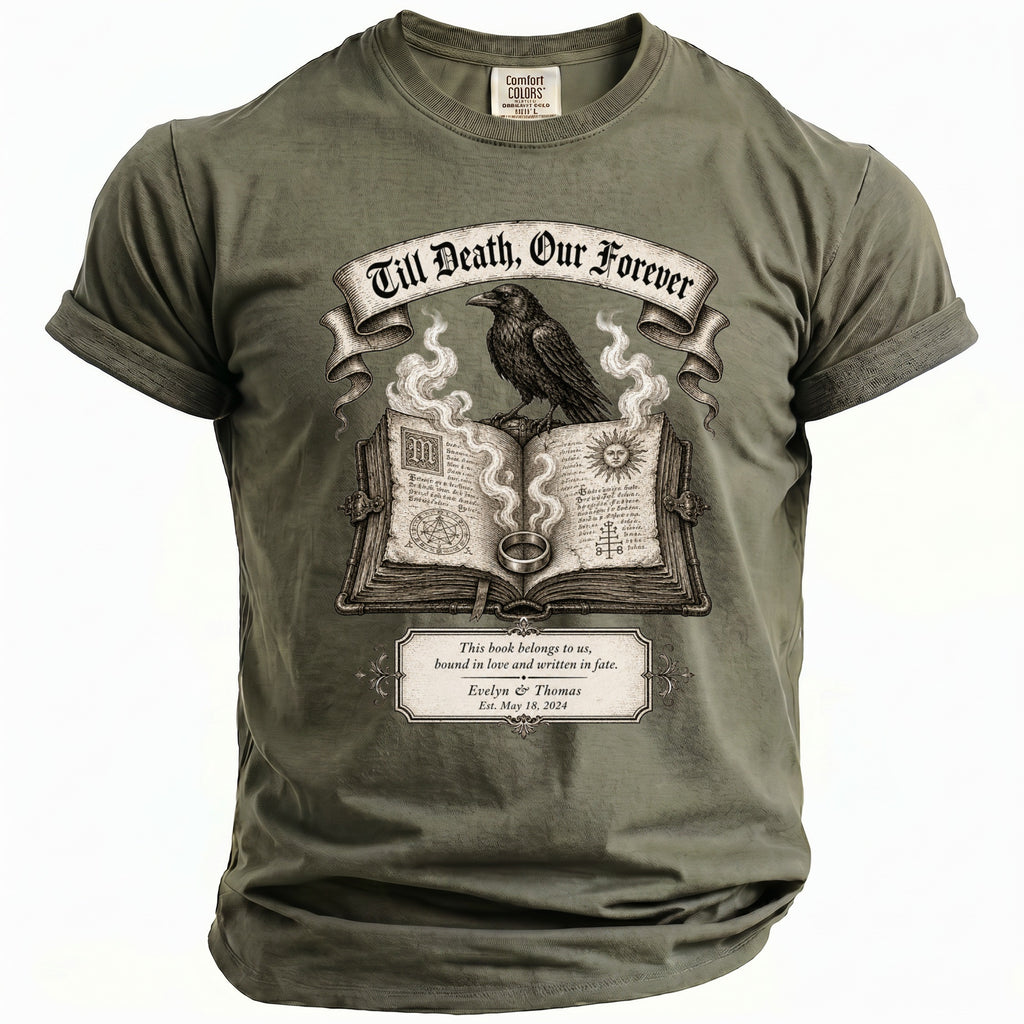 Olive green t-shirt with a raven on an open book and text "Till Death, Our Forever".