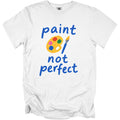 White t-shirt with blue text "paint not perfect" and a paint palette and brush graphic.