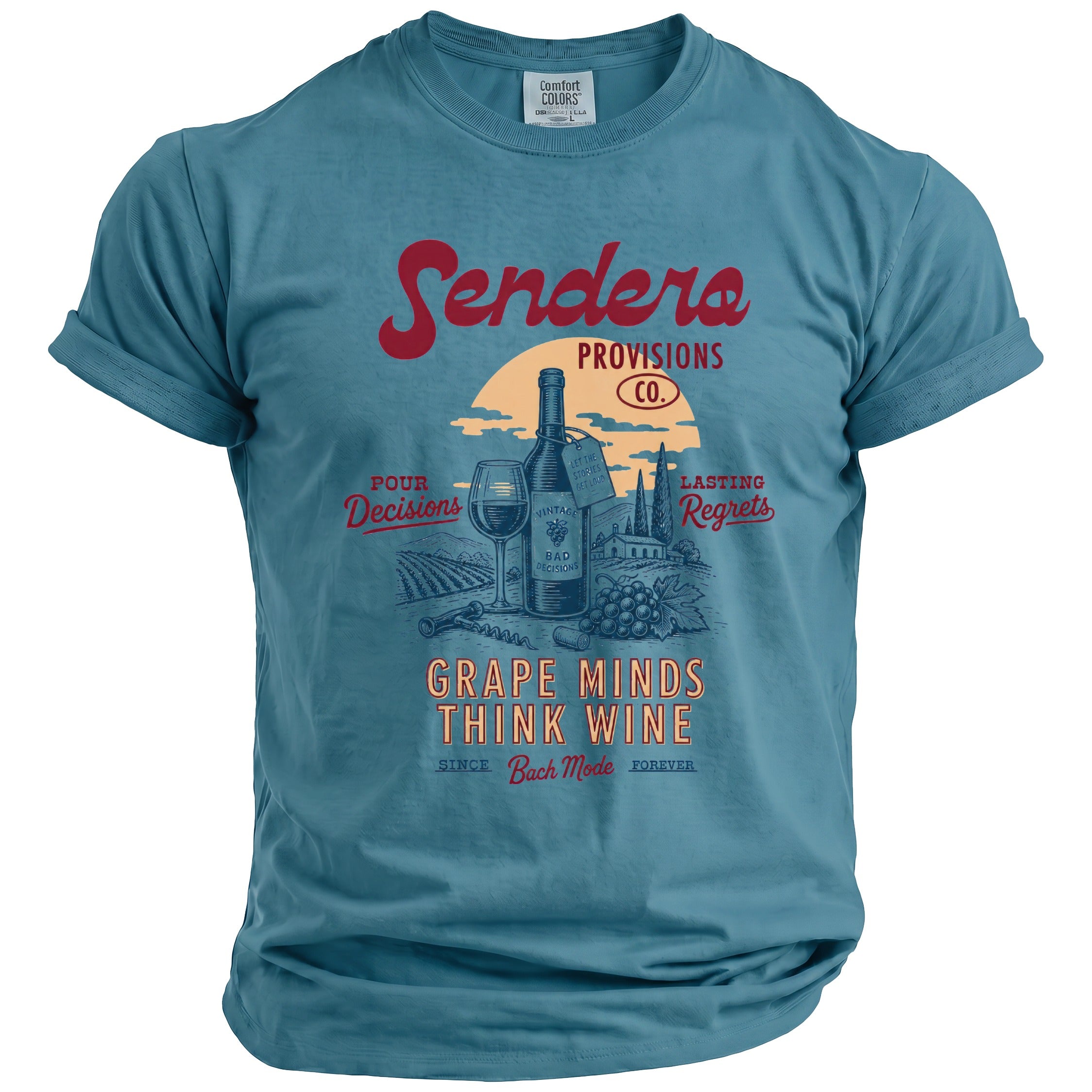 Teal t-shirt with vintage wine scene graphic and "Grape Minds Think Wine" text.