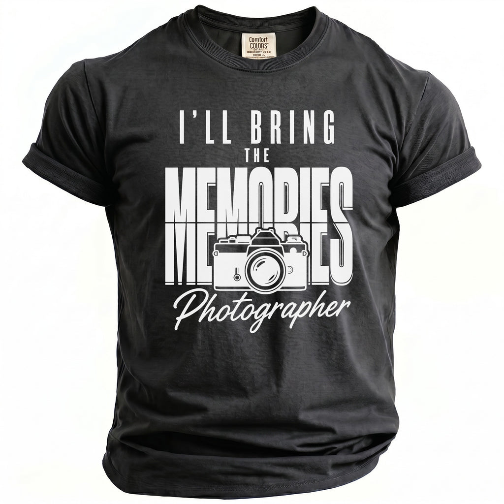 I'll Bring The Memories Photographer t-shirt with vintage camera graphic.