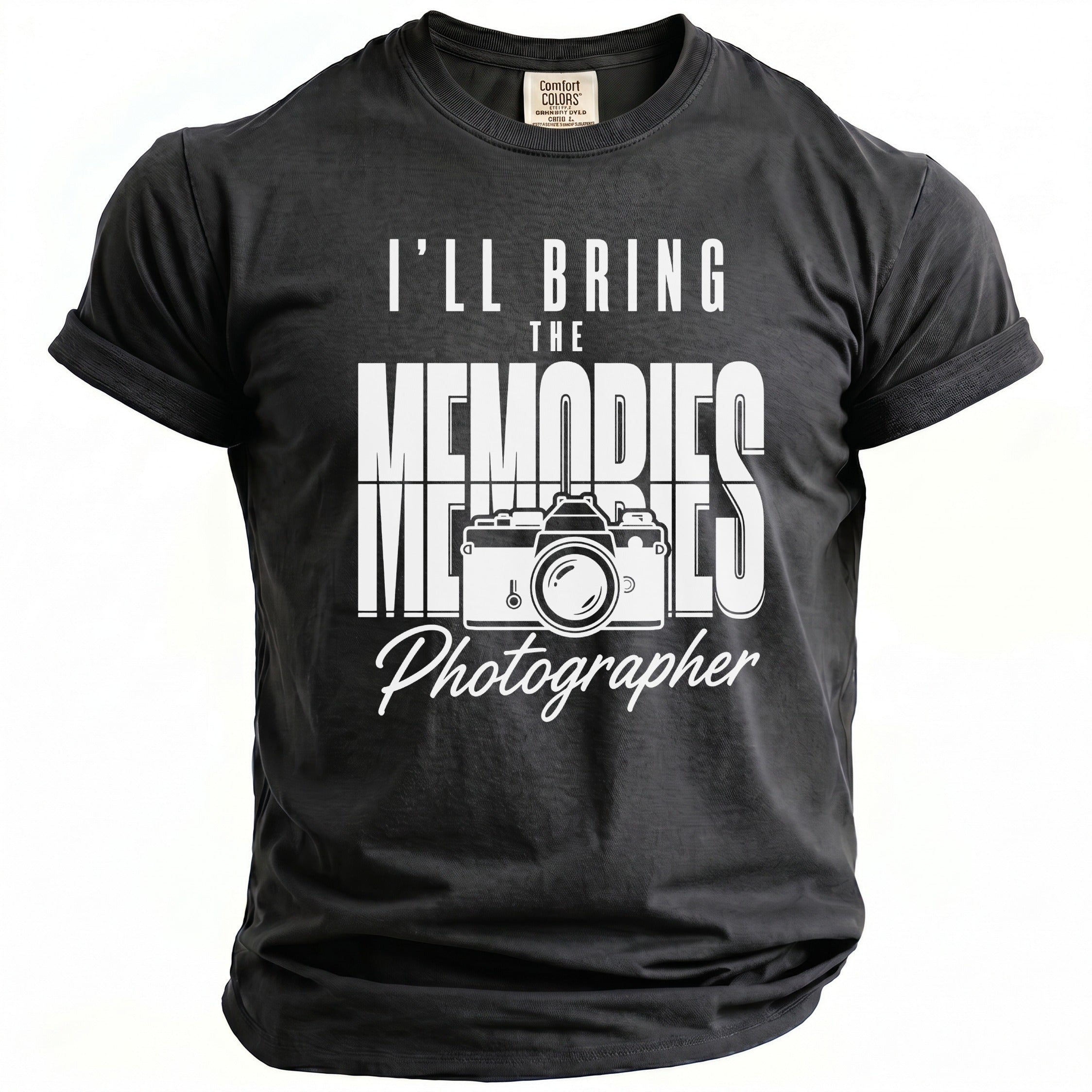 I'll Bring The Memories Photographer t-shirt with vintage camera graphic.