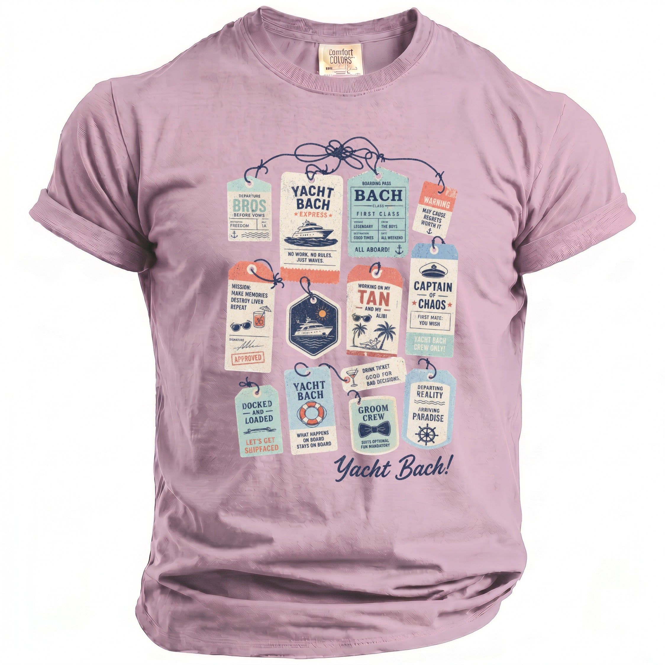 Lavender t-shirt with "Yacht Bach!" graphic featuring numerous luggage tags.