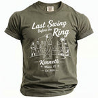 Olive green t-shirt with white graphic: golf scene, "Last Swing Before the Ring Kenneth Miami, FL Est. 2026".