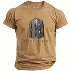 Brown t-shirt with "Gentleman Groom" graphic featuring a suit, pocket watch, and text.