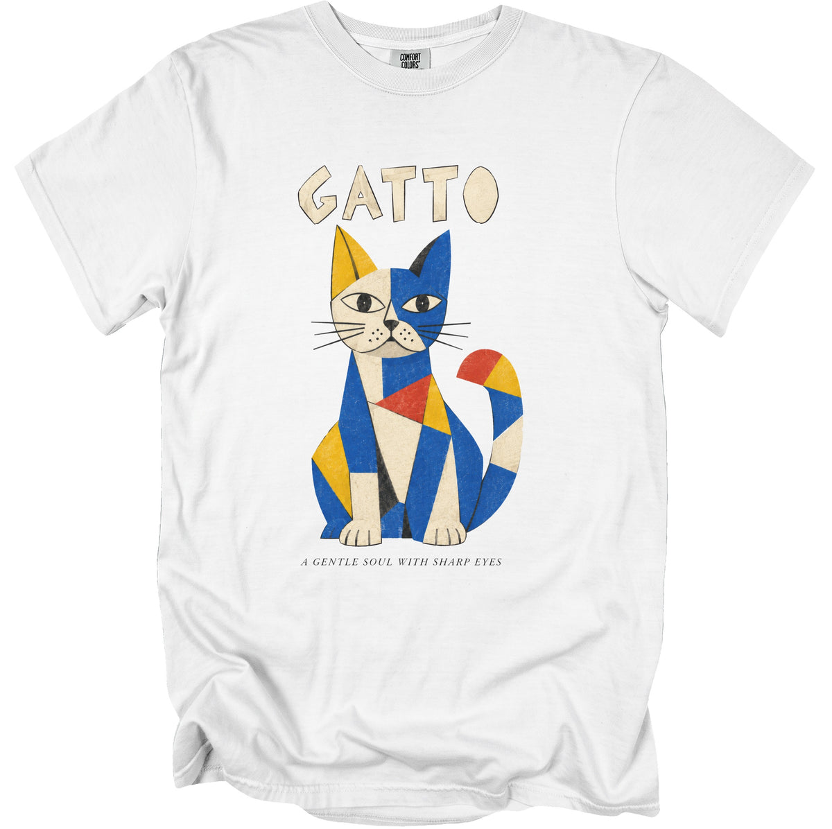 White t-shirt with graphic of a geometric cat and text "GATTO A GENTLE SOUL WITH SHARP EYES".