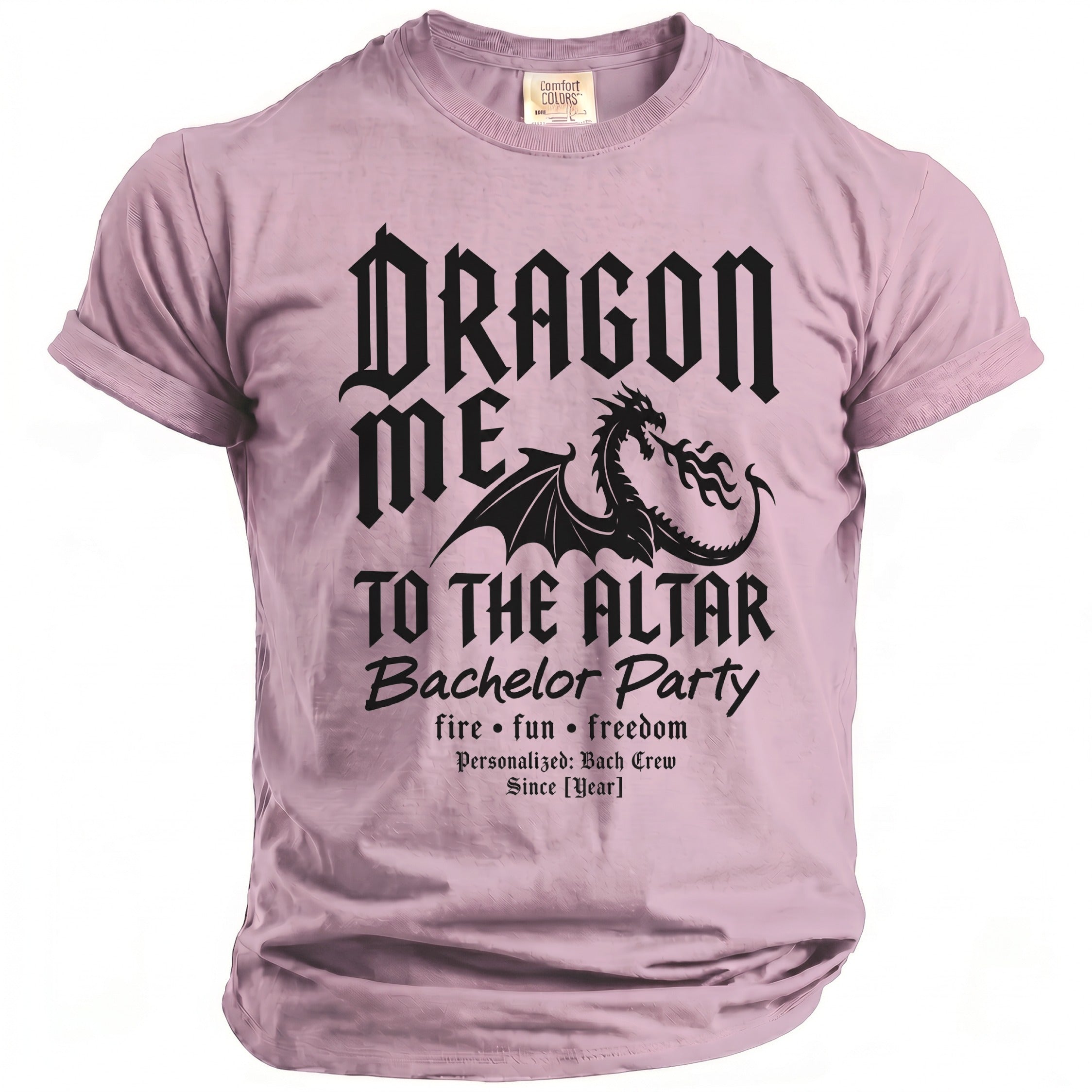Pink t-shirt with "Dragon Me To The Altar Bachelor Party" text.