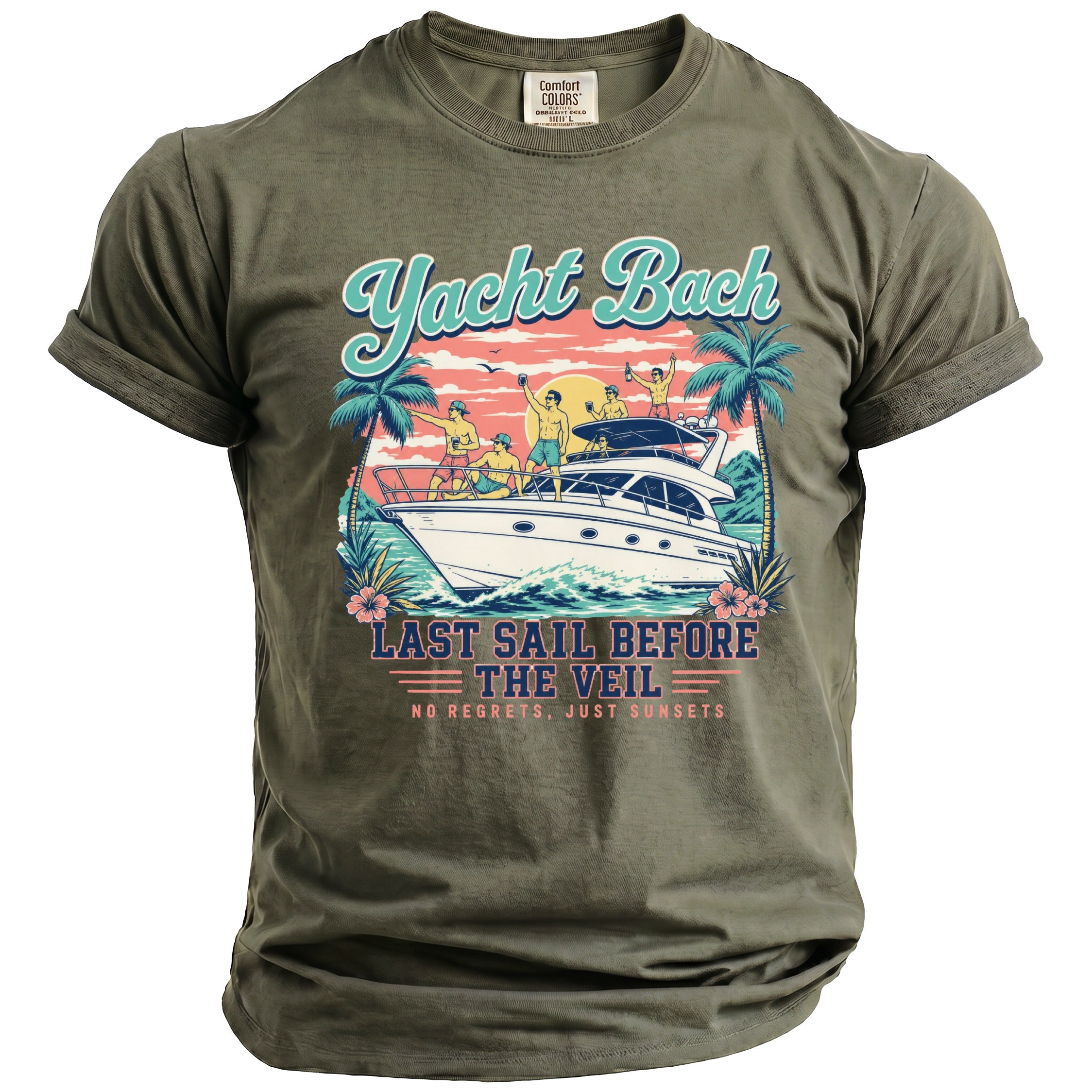 An olive green t-shirt featuring a retro graphic of men on a yacht with palm trees and sunset.