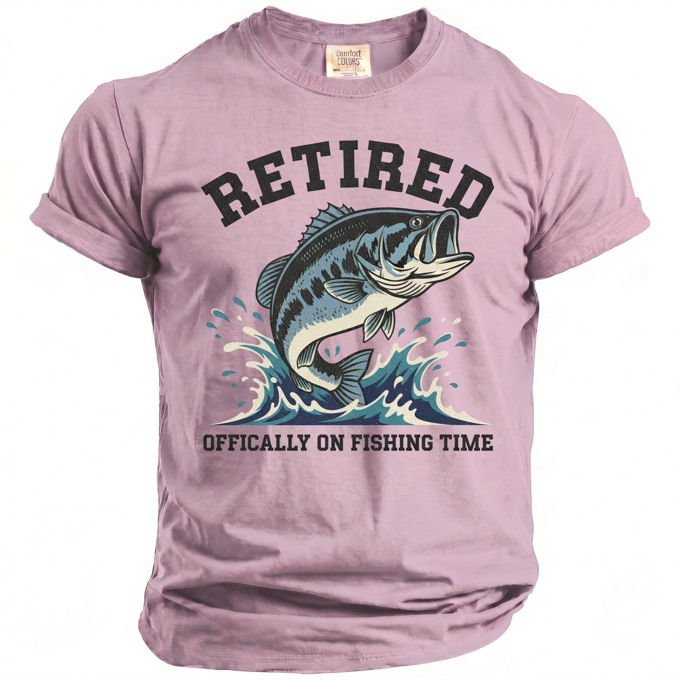 Light purple t-shirt with "RETIRED" and a bass jumping out of water.