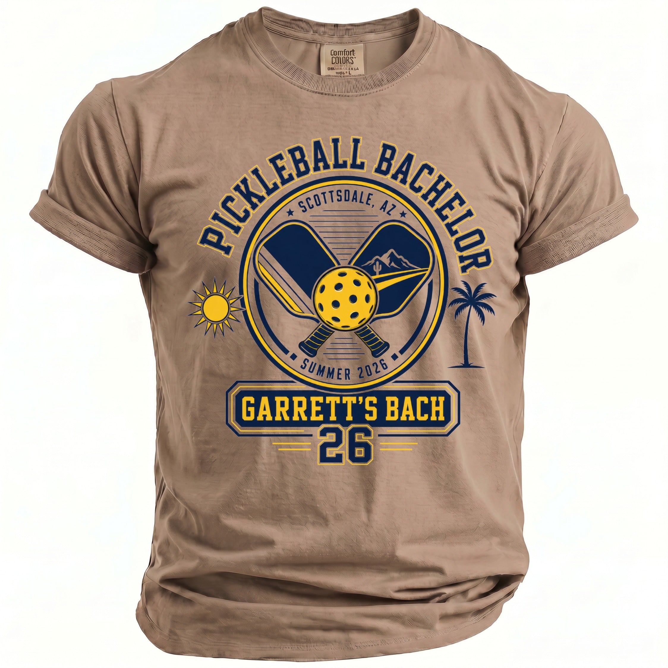T-shirt with "Pickleball Bachelor Scottsdale, AZ Summer 2026 Garrett's Bach 26" graphic.
