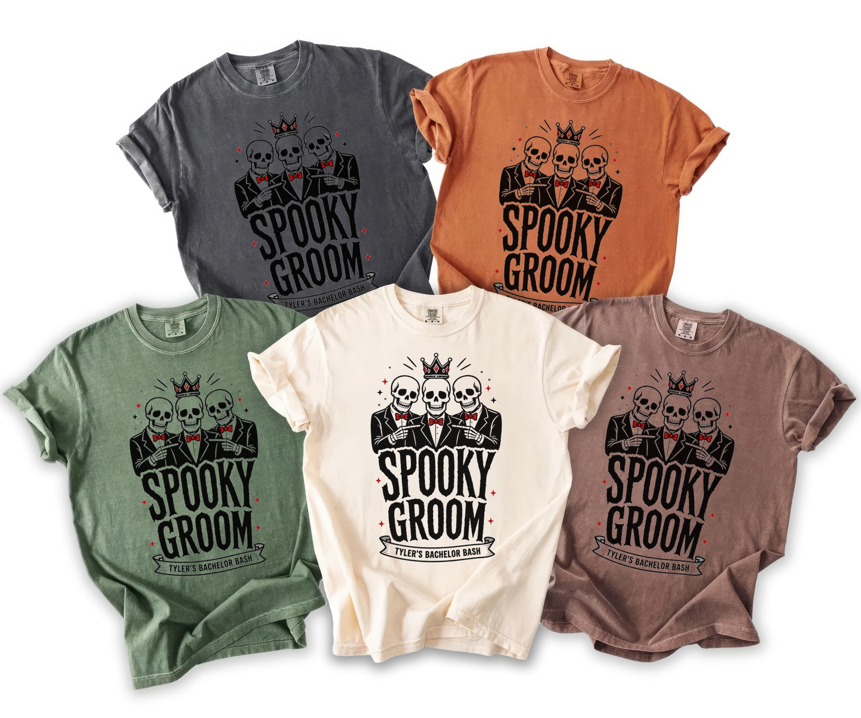 T-shirts featuring three skeletons in suits with the text "Spooky Groom Tyler's Bachelor Bash."