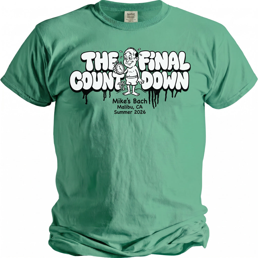 Green t-shirt with "The Final Countdown" graphic and "Mike's Bach Malibu Summer 2026" text.