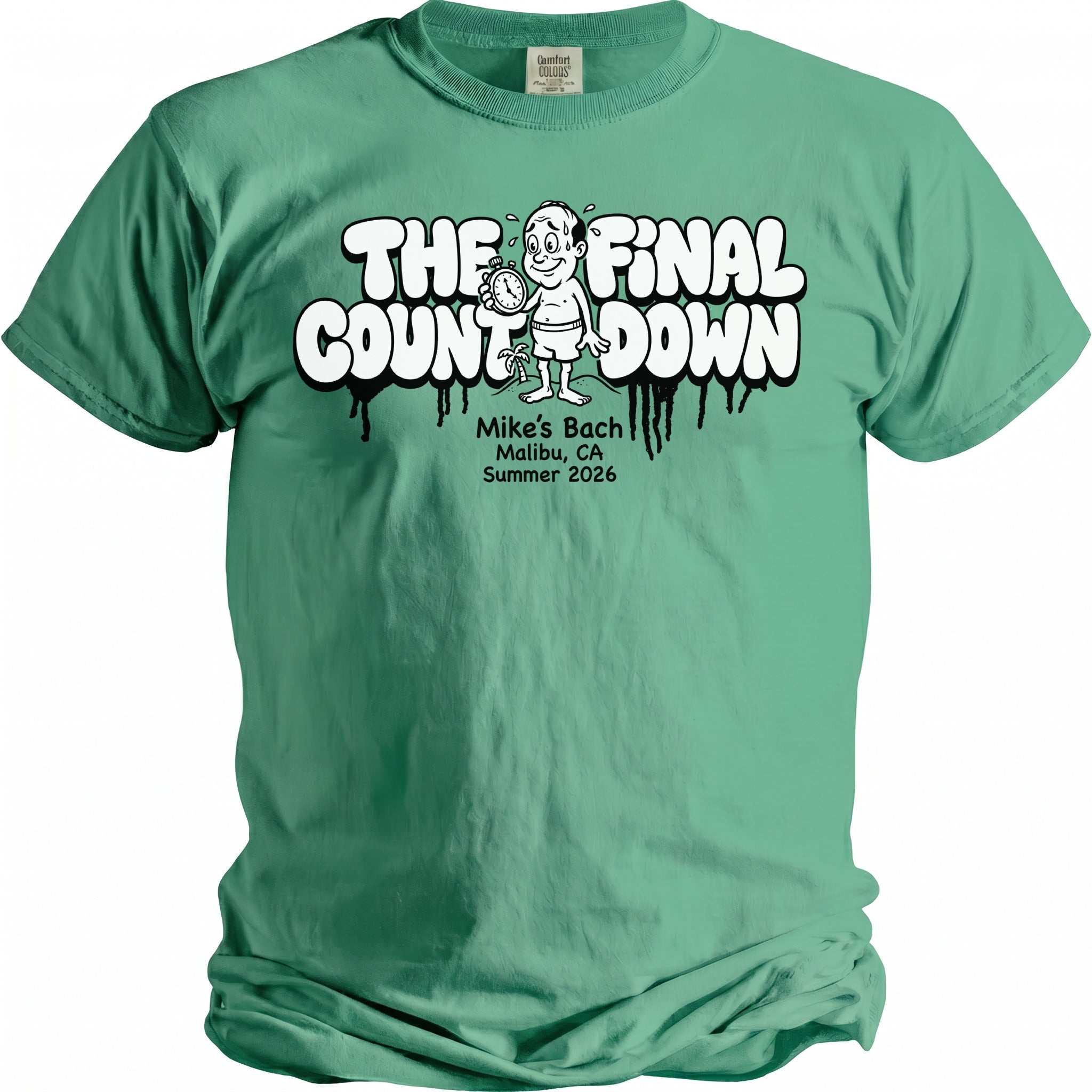 Green t-shirt with "The Final Countdown" graphic and "Mike's Bach Malibu Summer 2026" text.