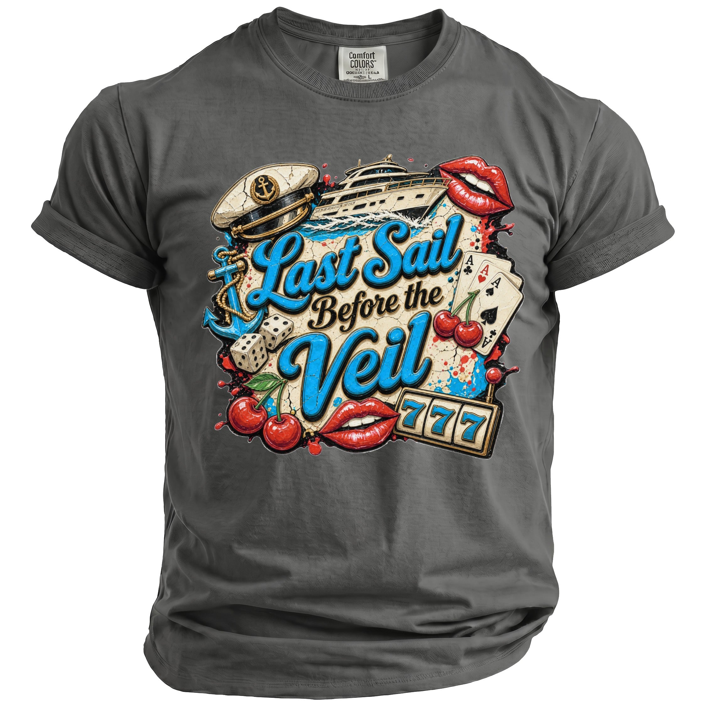 Charcoal gray t-shirt with a vintage-style graphic featuring nautical elements, playing cards, dice, and the text Last Sail Before the Veil.