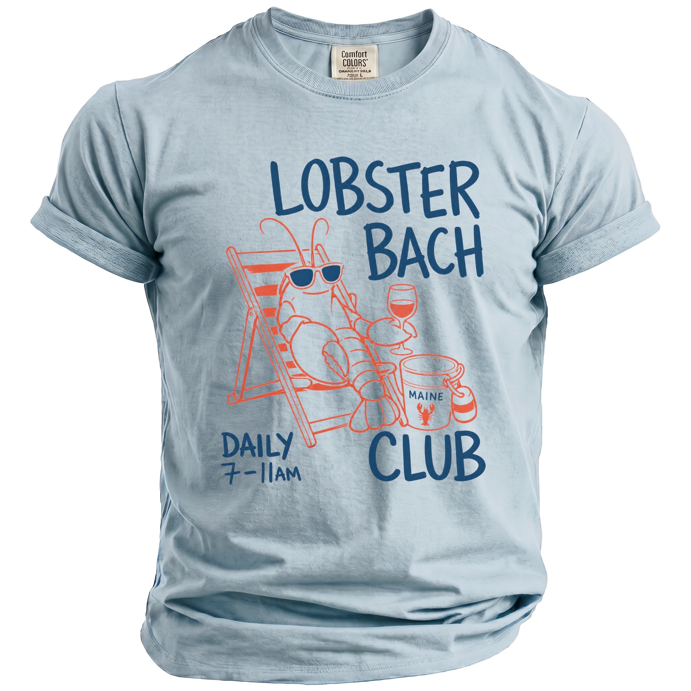 Light blue t-shirt with "LOBSTER BACH CLUB" graphic and lobster illustration.