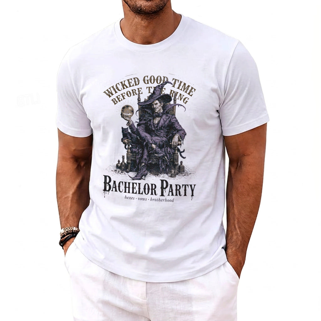 White t-shirt with "Wicked Good Time Before The Ring" and "Bachelor Party" text.