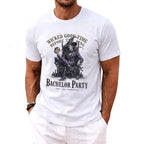 White t-shirt with "Wicked Good Time Before The Ring" and "Bachelor Party" text.