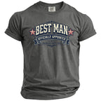 Grey t-shirt with "BEST MAN OFFICIALLY APPOINTED BACHELOR PARTY 2026" graphic.