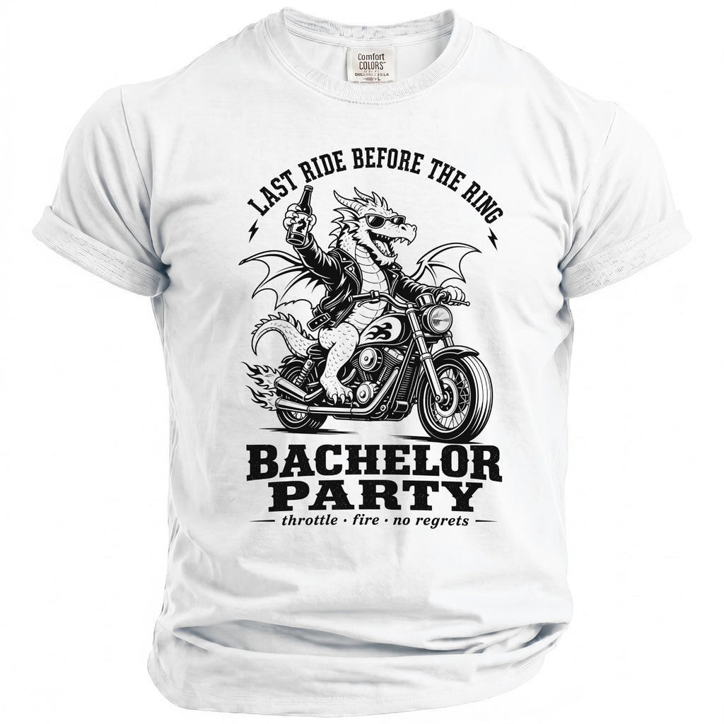 White t-shirt with black graphic of a dragon on a motorcycle, saying "Last Ride Before the Ring".