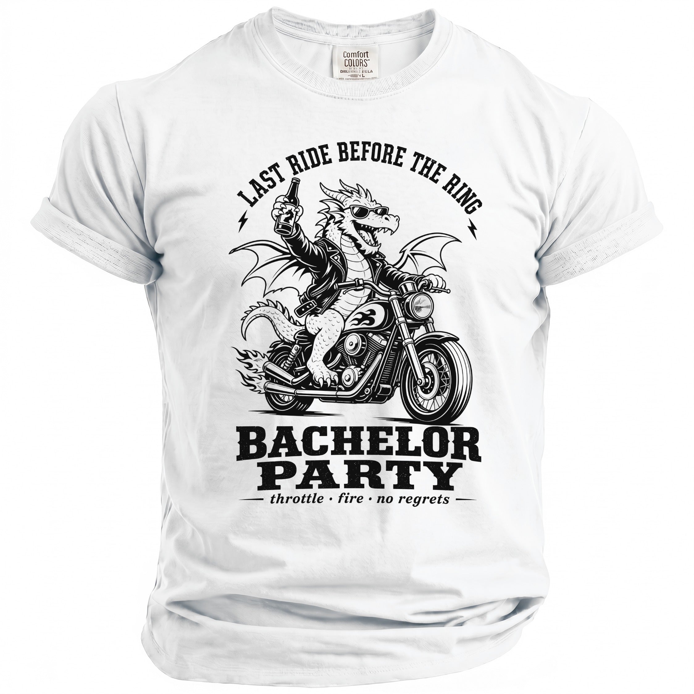 White t-shirt with black graphic of a dragon on a motorcycle, saying "Last Ride Before the Ring".