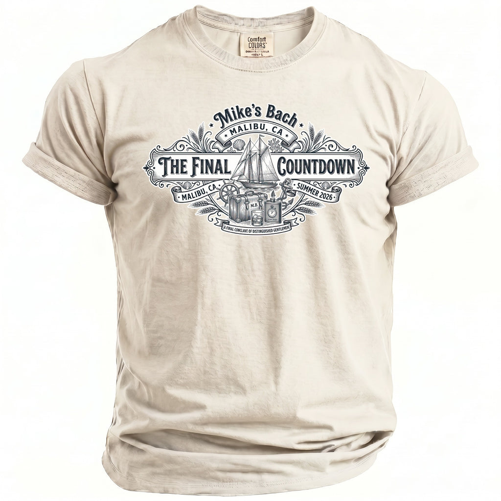 T-shirt with "Mike's Bach" and "The Final Countdown" graphic for Malibu, CA.