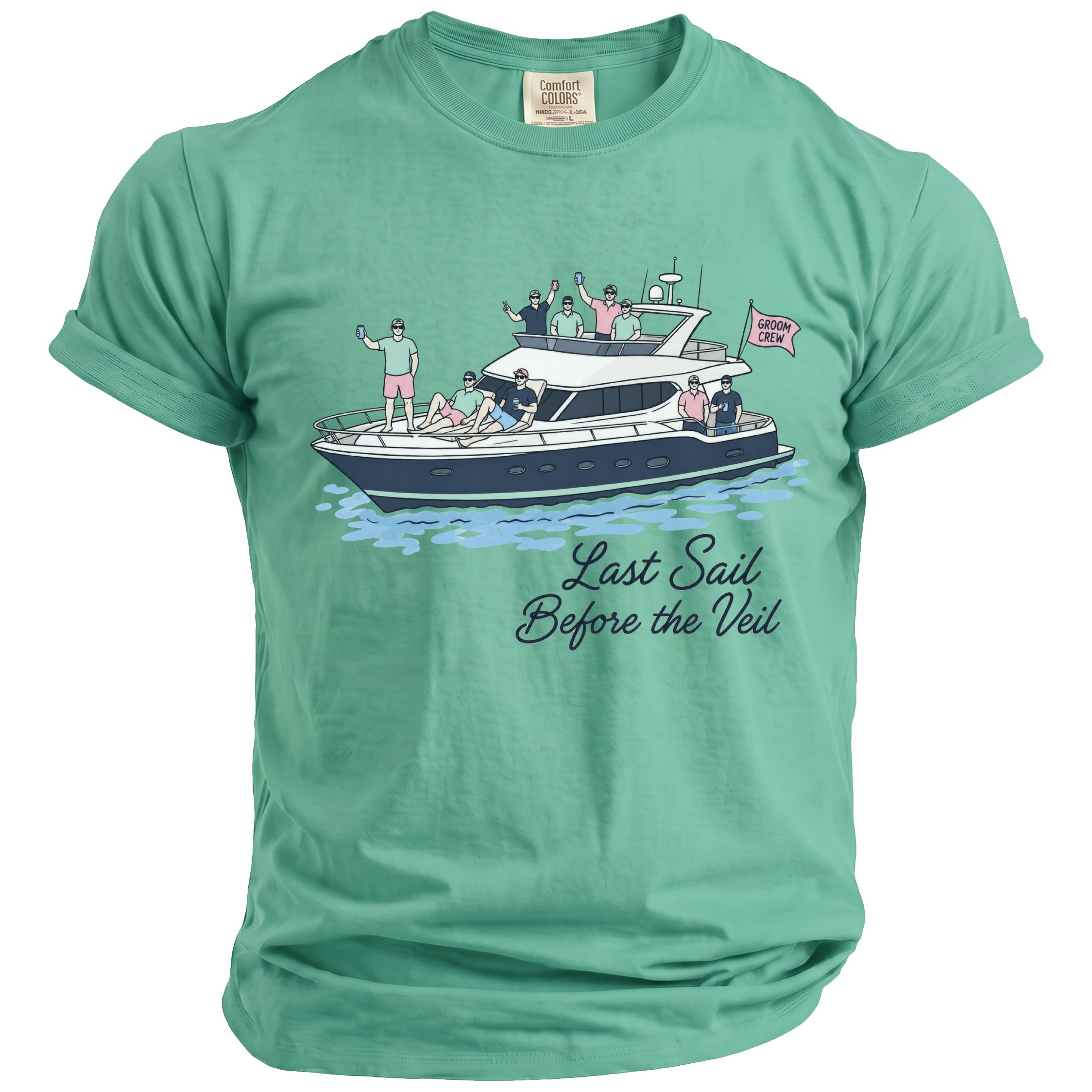 T-shirt with graphic of men on a yacht and text "Last Sail Before the Veil".