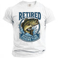 White t-shirt with a jumping bass graphic and text "RETIRED" and "OFFICIALLY ON FISHING TIME".