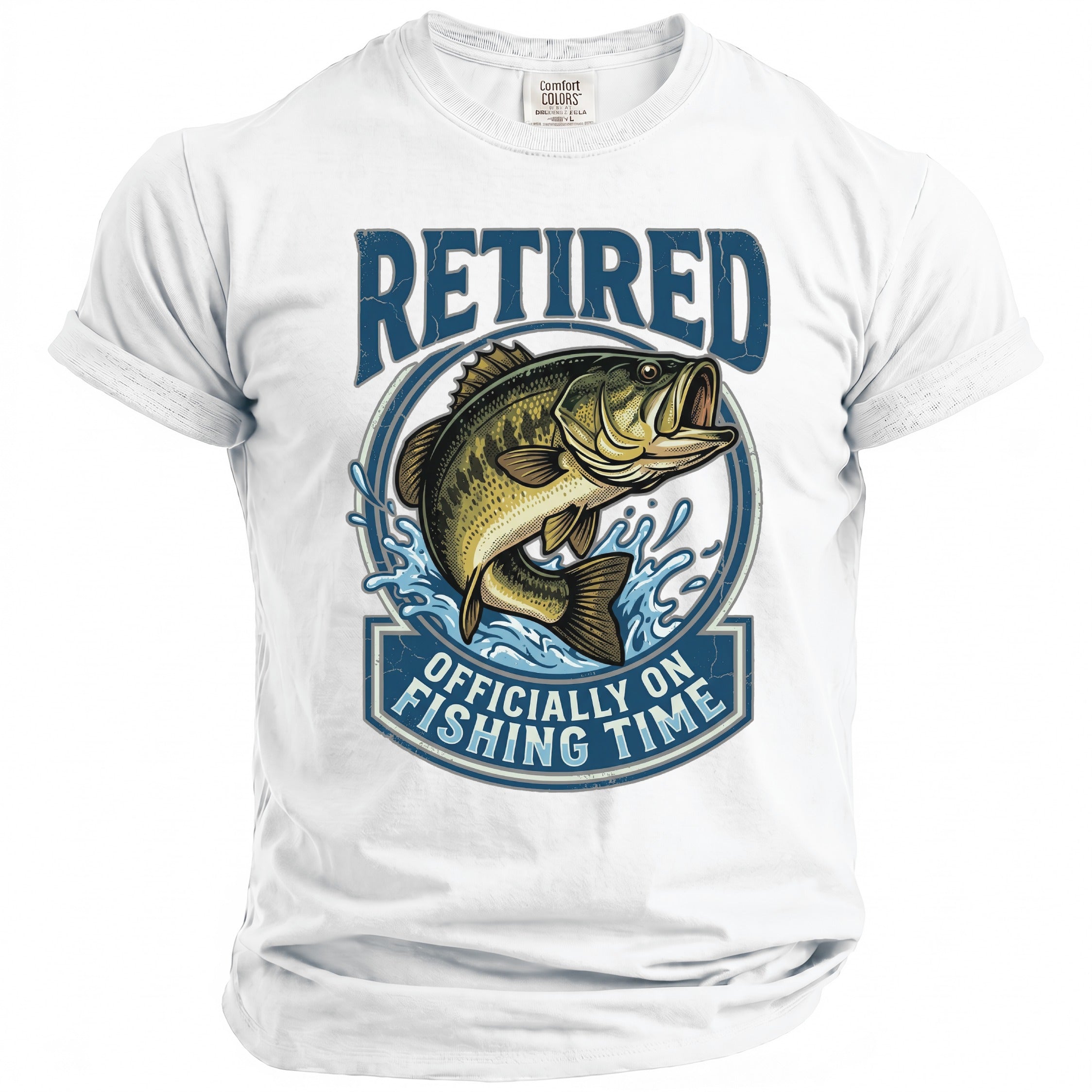 White t-shirt with a jumping bass graphic and text "RETIRED" and "OFFICIALLY ON FISHING TIME".