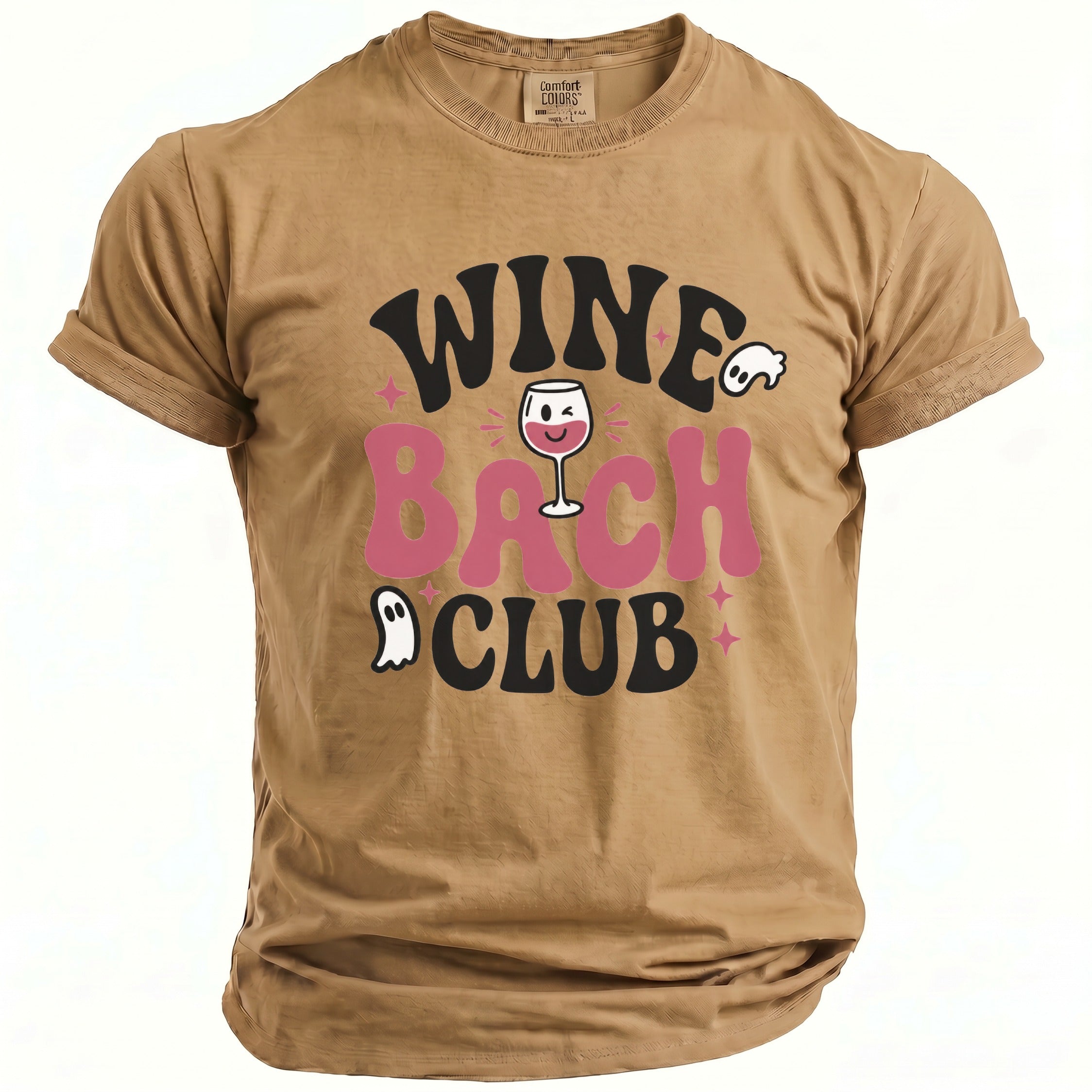 Brown t-shirt with "Wine Bach Club" text and ghost graphics.